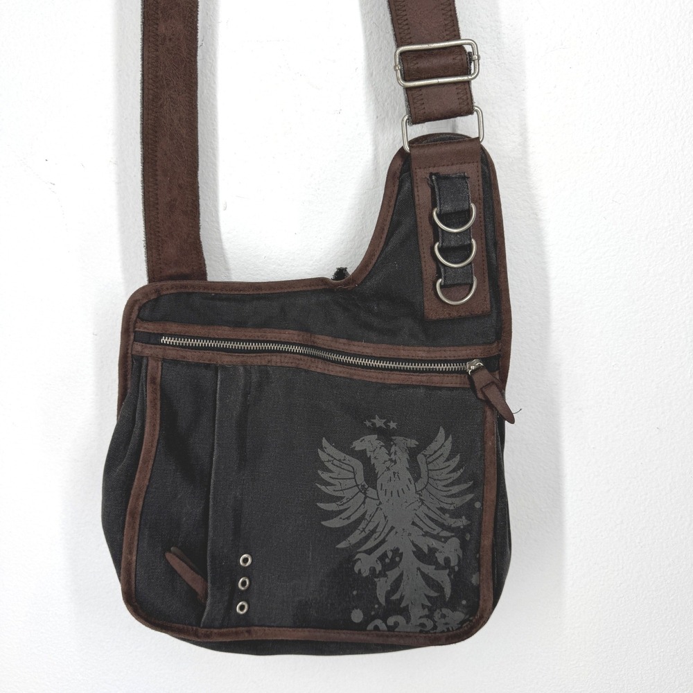 Mossimo Denim Supply Y2K Black Canvas Crossbody Bag Eagle Graphic Distressed